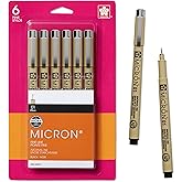 SAKURA Pigma Micron Fineliner Pens, 01 Tip Size, Archival Black Ink, 6 PK 50035