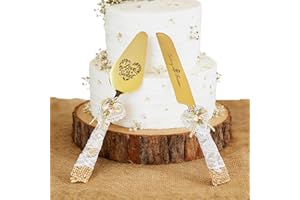 Gold Wedding Cake Knife and Server Set – Rustic Lace Burlap Handle, Golden Stainless Steel Blades, Elegant Cake Cutting Set f
