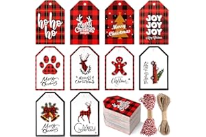 BBPOOL Christmas Gift Tags 100PCS Buffalo Plaid Paper Tags Red and Black Plaid Hang Labels with 65 Feet Jute Twine for Christmas Holiday Present Wrapping Decorations