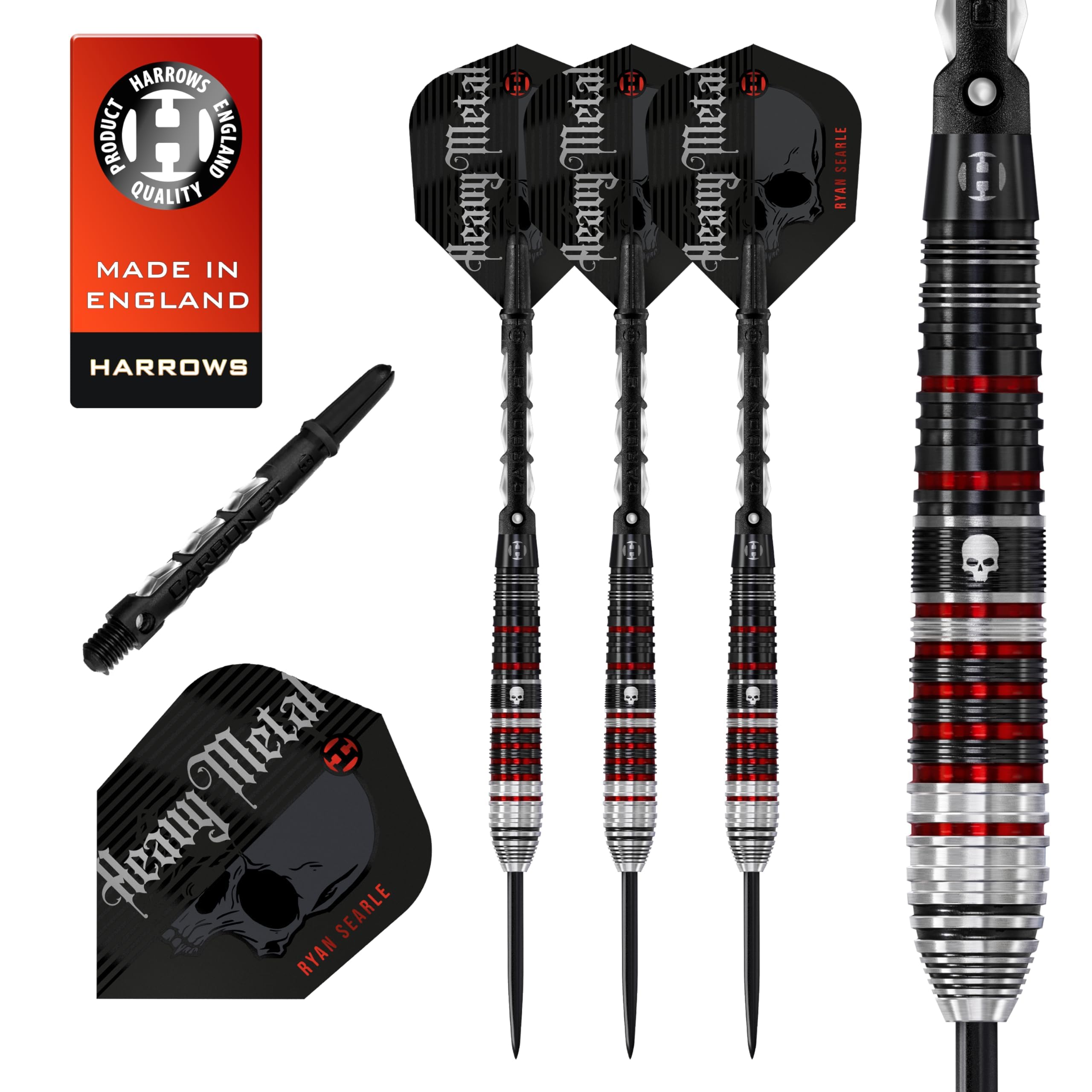 Harrows Ryan Searle Heavy Metal Series 2 Player Darts Set (23g) | 90% Steel Tip Darts Set | 10pc Set with Carbon ST Midi Shafts | Professional Darts