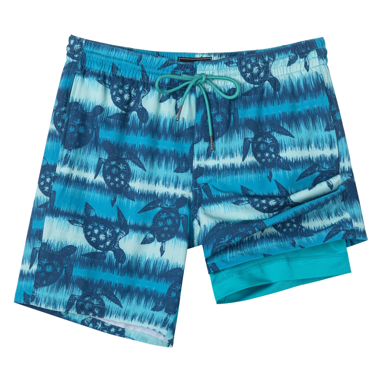 SURF CUZ Mens Swim Trunks with Compression Liner Quick Dry Swim Shorts 7" Swimming Trunks Stretch Bathing Suit Zipper Pockets,Turtle Tide,XS Image