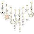 FIBO STEEL 8Pcs Stainless Steel Dangle Belly Button Rings for Women Evil Eye CZ Navel Rings Barbell CZ Body Piercing Jewelry 14G