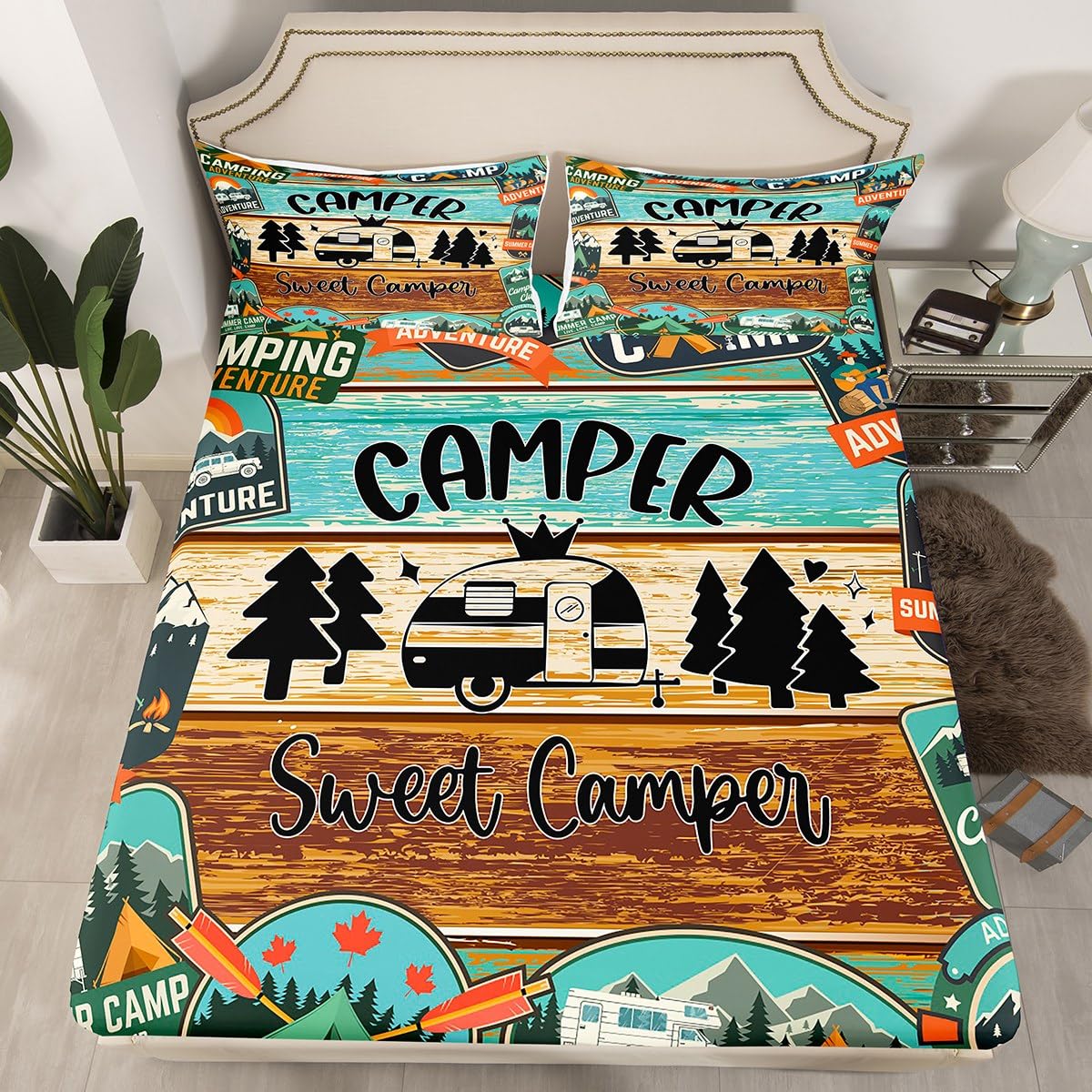 Happy Camping Fitted Sheet Single Size, Camper RV Trailer Bedding Set 2pcs for Kids Boys Room Decor, Blue Grey Wooden Plank Bed Cover with 1 Pillowcase, Soft Polyester Bedding