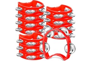 Lukmaa 12 Pcs Plastic Percussion Tambourine with 4 Bells Rhythm Musical Instruments for Adults Hand Tambourine Hand Held Percussion Drum for Party Kindergarten Family School Supplies (Red)
