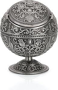 JKR Vintage Windproof Ashtray with Lid Metal Portable Cigarettes Ashtray for Outdoors Indoors Hand Stamped Pattern Fancy Gift for Men Women (Tin Color-Flower)