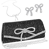 Cutecrop 3 Pcs Fashion Women Bow Evening Clutch Jewelry Set, Black Bag Purse Wedding Rhinestone Necklace Earrings for Prom Party