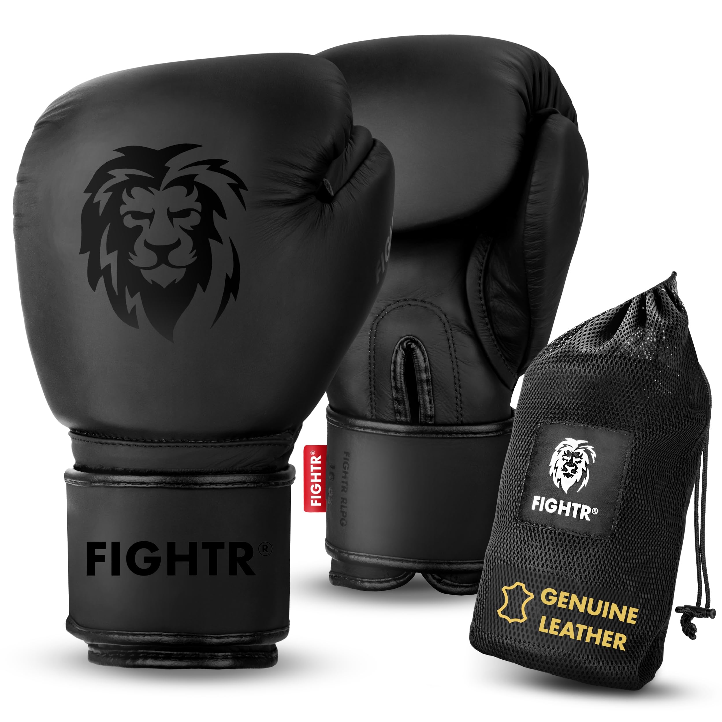 FIGHTR® Professional Boxing Gloves Made of Genuine Leather | Men and Women | for Boxing, MMA, Muay Thai, Kickboxing & Martial Arts 10 12 14 16 oz | Includes Carry Bag (All Black, 16 oz)