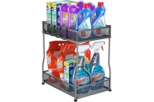 PHINOX Under Sink Organizers and Storage with 4 Hooks, 2 Tier for Under Cabinet Storage Organizer, Under Kitchen Sink Organizer for Bathroom Kitchen