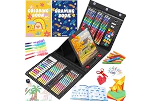 AOTEMOON All in One Art Supplies, Art Kit Includes Easel, Origami Paper, Colored Pencils, Crayons, Drawing Book, Coloring Book, Watercolor Pens, Markers and Oil Pastels, Gifts for Girls Boys Teens, Black