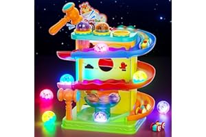 Funwee 2-in-1 Ball & Racing Car Ramp Toy for Toddlers, Race Track Hammer Rolling Lights Ball Drop, Interactive Montessori Learning Game Birthday Gift Idea for Kids 2 3 4 5+Year Old Girl Boy(Yellow)