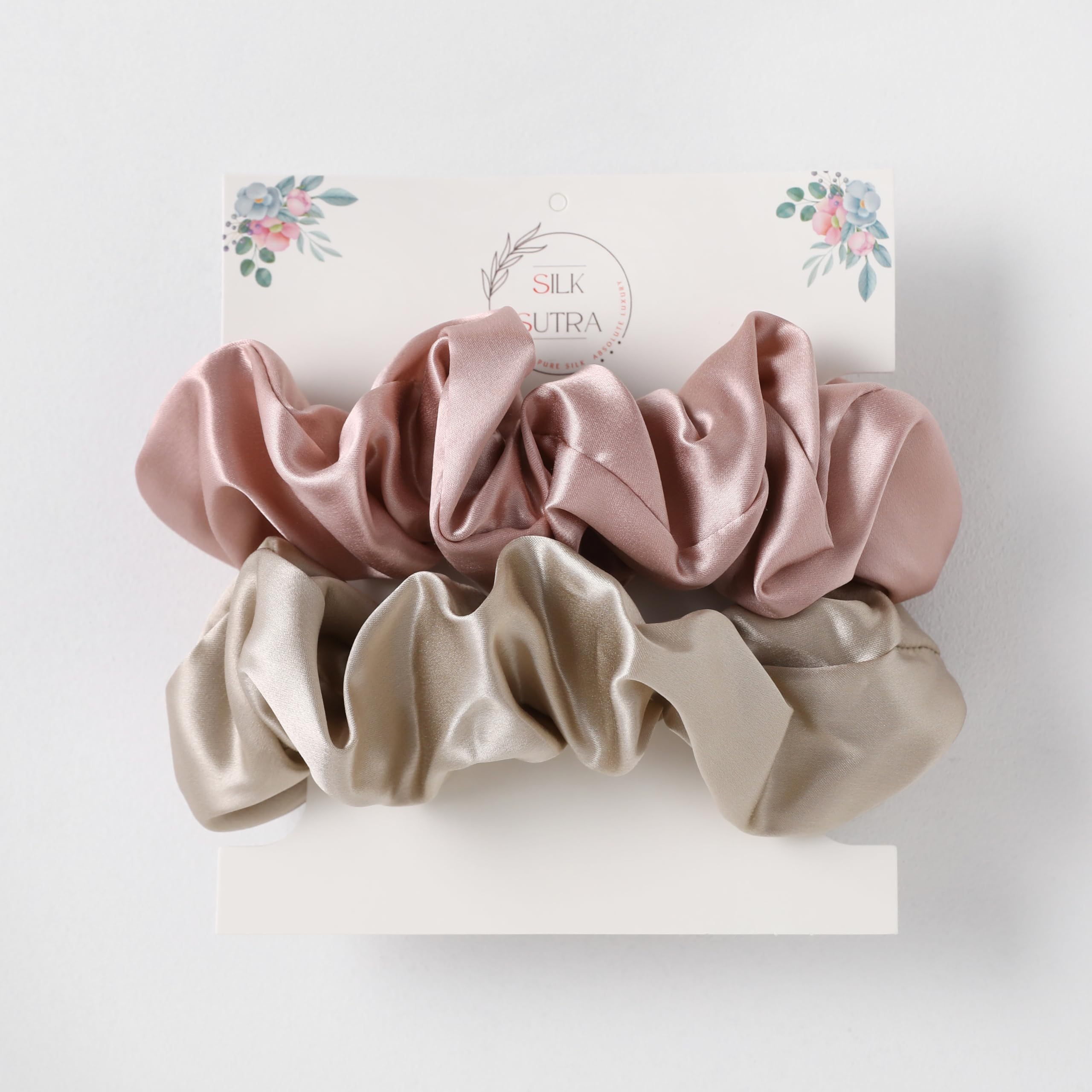 Silk Sutra Hair Scrunchies for Frizz Prevention, 22 Momme 100% Mulberry Silk Hair Ties for Breakage Prevention, Elastic ponytail Holders (Dusty Blush & Light Coffee (Large 2pcs))