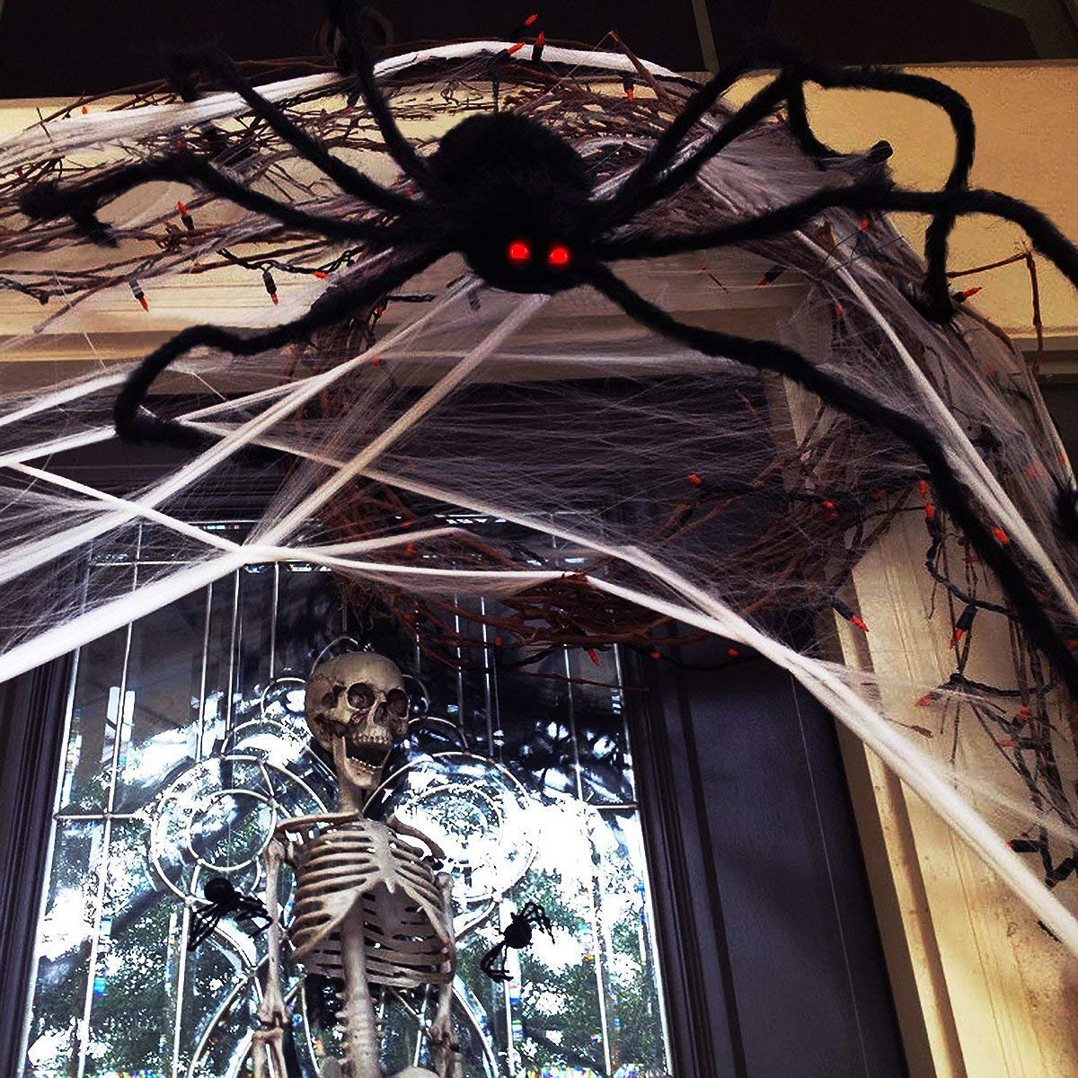 TissueDeep Giant Spider for Halloween Decorations Large Black Hairy Spider with Red Eyes Indoor Outdoor Decor Halloween Decor (5ft)