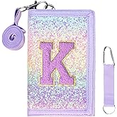SiorVeol Girls Wallet for Kids Initial Glitter Wallets Trifold with Zipper and Card Slots Including Neck Lanyard and Hanging Strap, Pink Purple, K