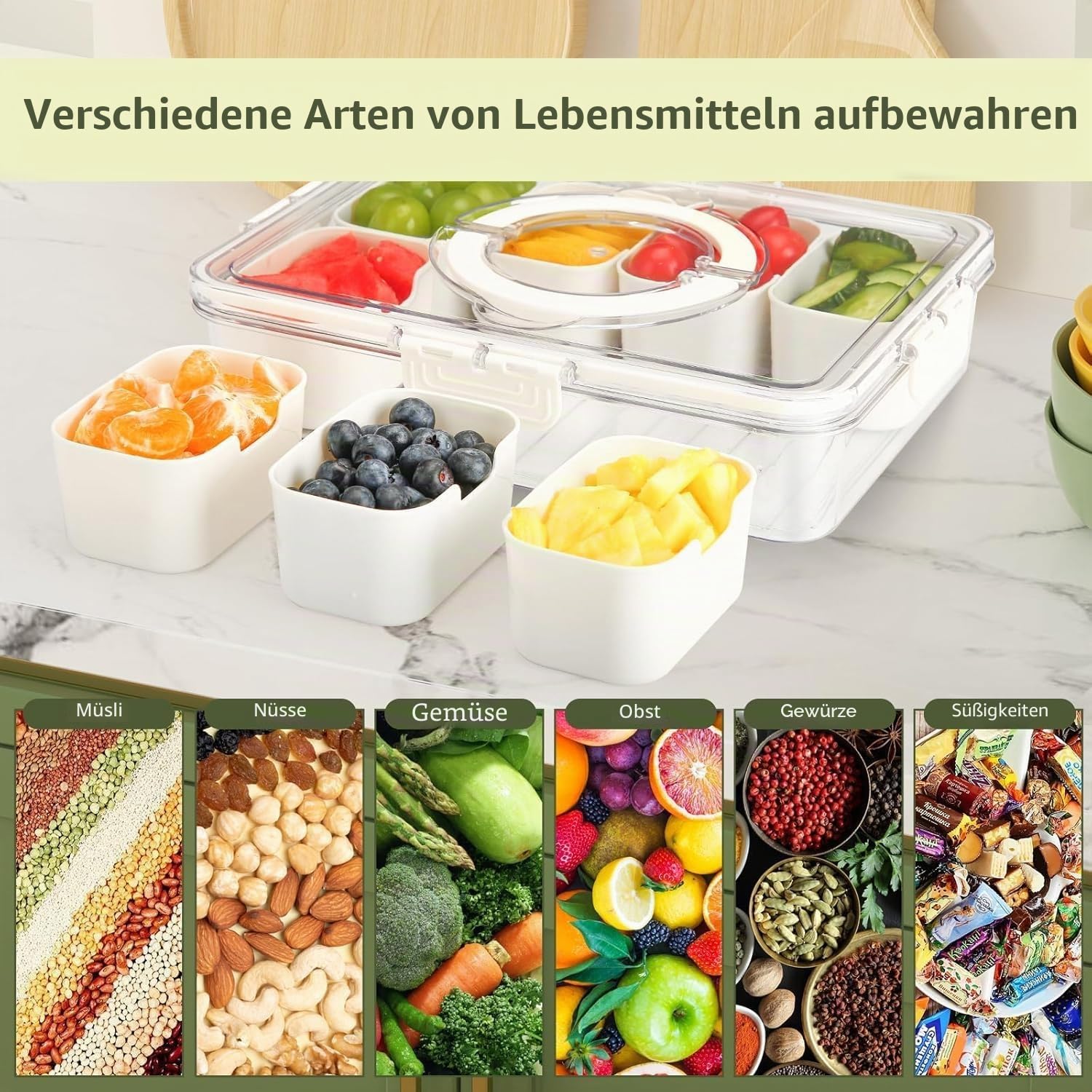 JNYLYFC Snackbox mit 8 Fächern, Snackschale mit Deckel und Griff, Snackteller mit Herausnehmbare Fächer für Süßigkeiten Obst Keksen Dessert Gemüse Nüsse, Snacktablett Organizer für Party Picknick Trip 5