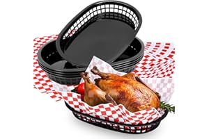 Hslife 60 Sheets Red Checkered Deli Liners and 6 Black Fast Food Baskets, Classic Deli Baskets with Red Checkered Dry Waxed Deli Paper(12'') (6+60)