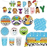 122pcs Toy Birthday Party Supplies Include Plates Napkins Cups Banner Tablecloth for Birthday Party Disposable Paper Tableware Set for Kids Toy Decoration Serve 30 Guests