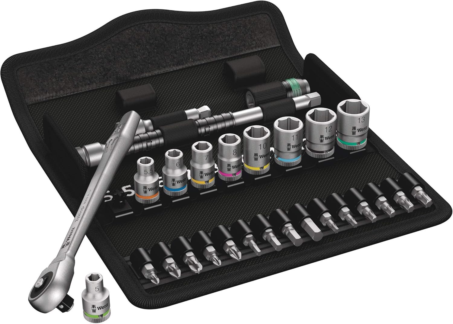Wera 05004017001 8100 SA 7 Zyklop Metal Ratchet Set including Push-Through Square, 1/4" Drive, Metric, 28 Pieces