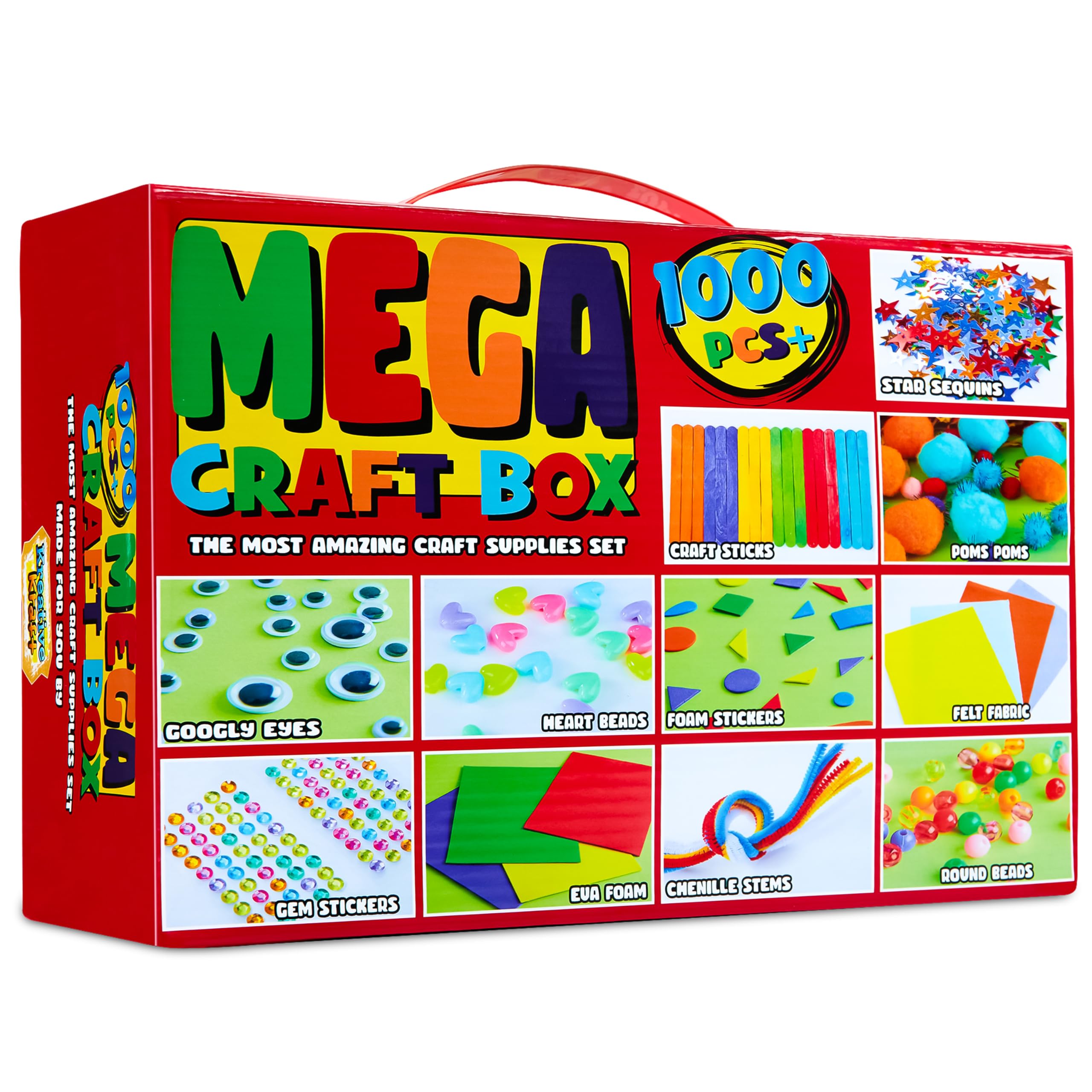 KreativeKraft Arts and Crafts for Kids 1000+ Pieces - Pom Poms, Pipe Cleaners, Tissue Paper, Gem Stickers, Shredded Paper, Craft Sticks - Art Supplies Craft Kits for Kids