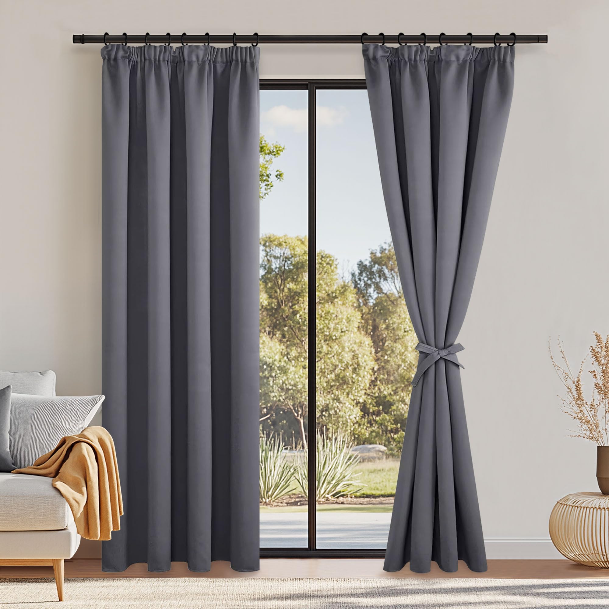 DWCN Grey Blackout Curtains for Bedroom Thermal Curtains Pencil Pleat 96 Drop Long Door Drapes with Tiebacks for Living Room 55 x 96 inch Length, Grey, 2 Panels