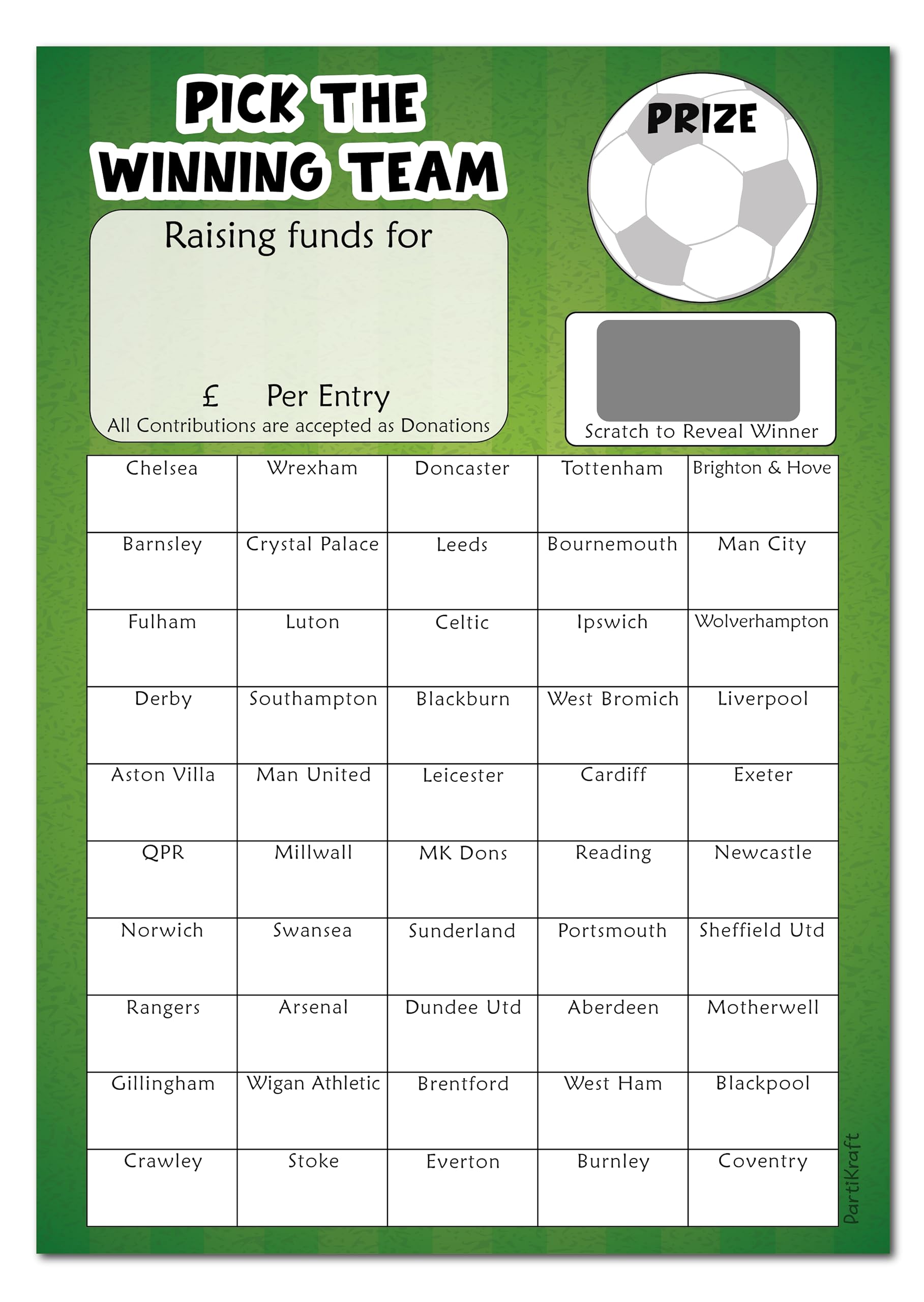 PartiKraft - 4 x A4 Fundraising Football - Pick The Winning Team - Scratch To Reveal Game Card - 50 Boxes