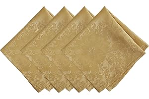 Elrene Home Fashions Poinsettia Elegance Jacquard Christmas/Holiday Cloth Dinner Napkins, Set of 4, 17"x17", Gold