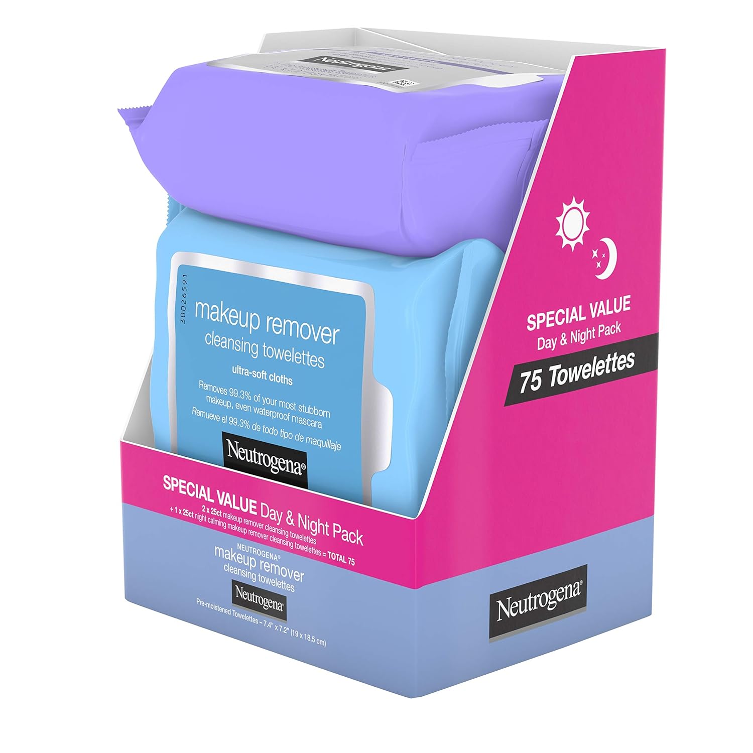Neutrogena Day & Night Wipes with Makeup Remover Face Cleansing Towelettes & Night Calming Facial Cloths, Alcohol-Free Wipes to Remove Dirt, Oil & Waterproof Mascara, 3 Packs of 25 ct, 75 ct: Beauty