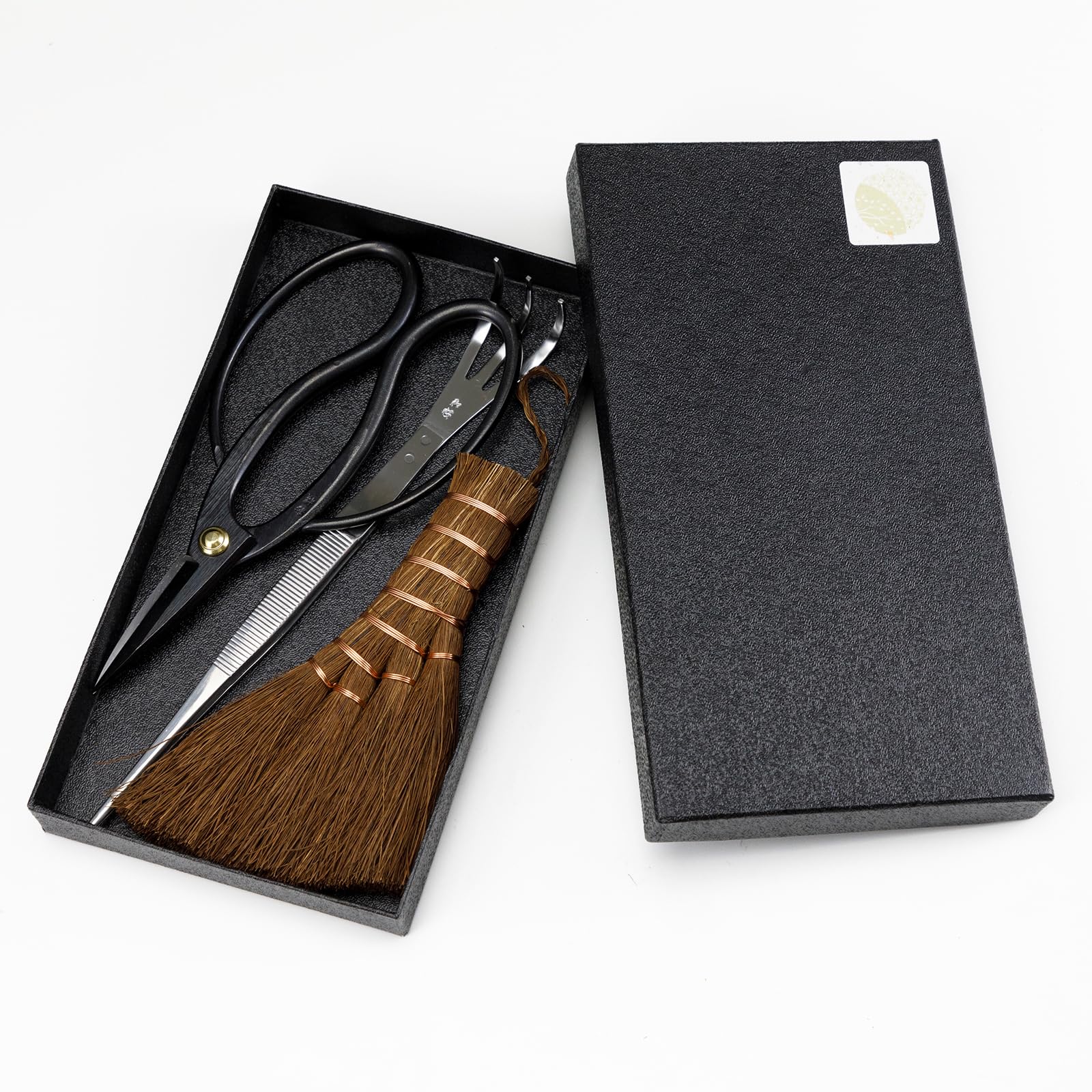 Wazakura 3PCS Japanese Bonsai Kit Garden Tool Starter Set Made in Japan, Scissors + Stainless Tweezers with Rake + Chinese Broom, Japanese Gardening Beginner Kit - Traditional Model