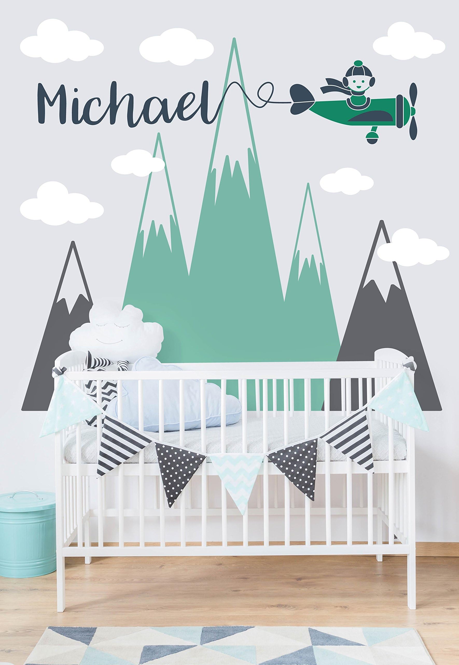 Pinkie Penguin Custom Airplanes Name Wall Decal Nursery Mountain Theme Decor Art Removable Sticker Vinyl (42" W x 50" H)