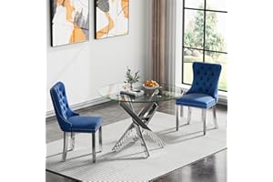 KUVADAZ 36" Modern Silver Glass Dining Room Table Set for 2, 3-Piece Round Kitchen Dining Table Set with Cross Metal Legs and 2 Blue Velvet Upholstered Chairs, Glass Kitchen Table and Chairs Set