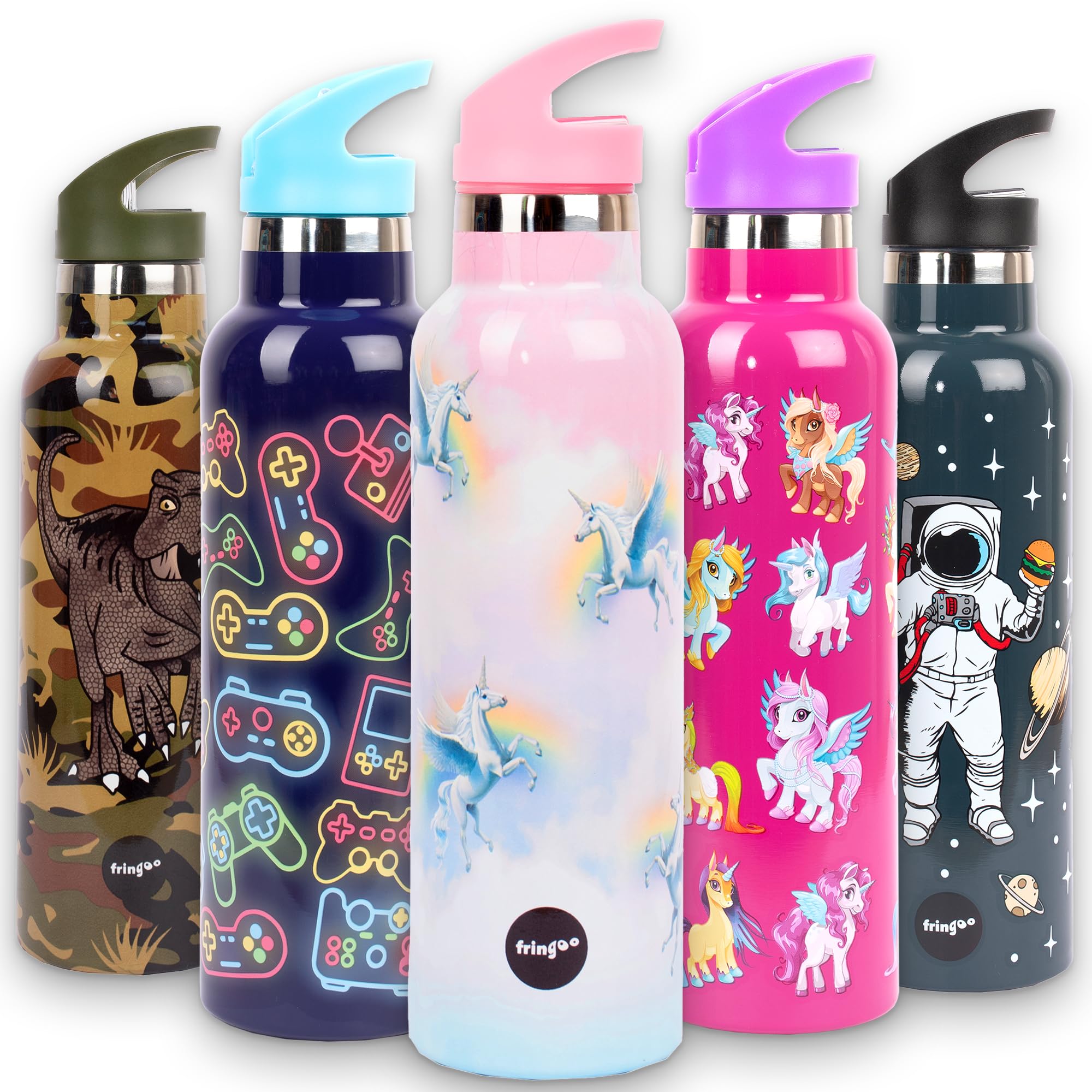 Fringoo - Unicorn Sky Water Bottle with Straw - Large BPA Free Water Bottles - Insulated Water Bottle - Stainless Steel Water Bottle - Reusable Water Bottle - 600ml