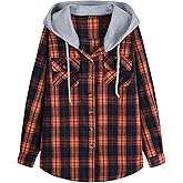 Derbars Womens Flannel Hoodie Shirts Long Sleeve Plaid Jacket Casual Cotton Button Down Shirt for Women