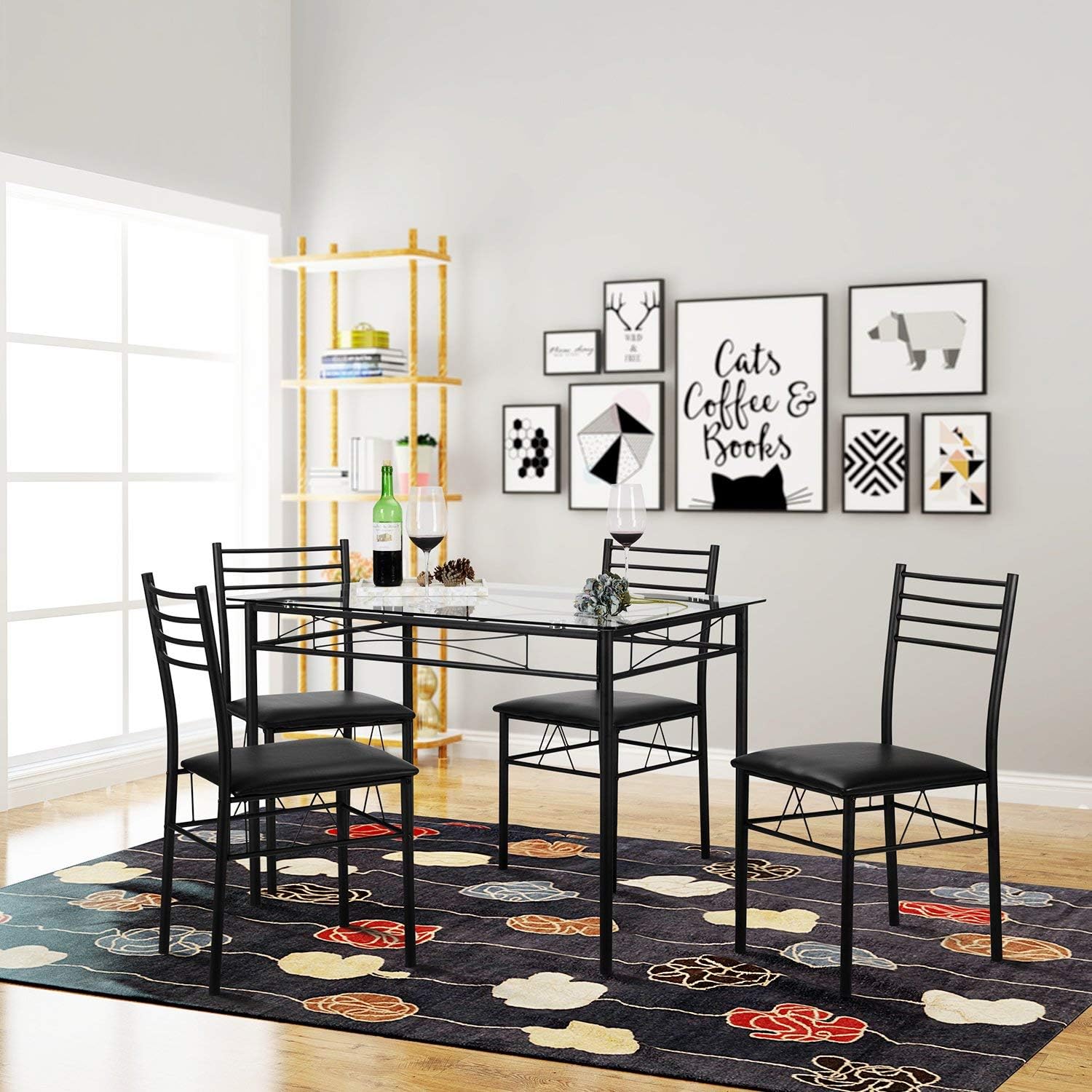 VECELO Dining Table with 4 Chairs [4 Placemats Included, Black - Table & Chair Sets
