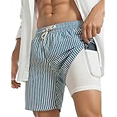 Yufawow 2 in 1 Seersucker Men Swim Trunk with Compression Liner 7 Inches Quick Dry Zipper Pockets for Cruise Beach Pool Board