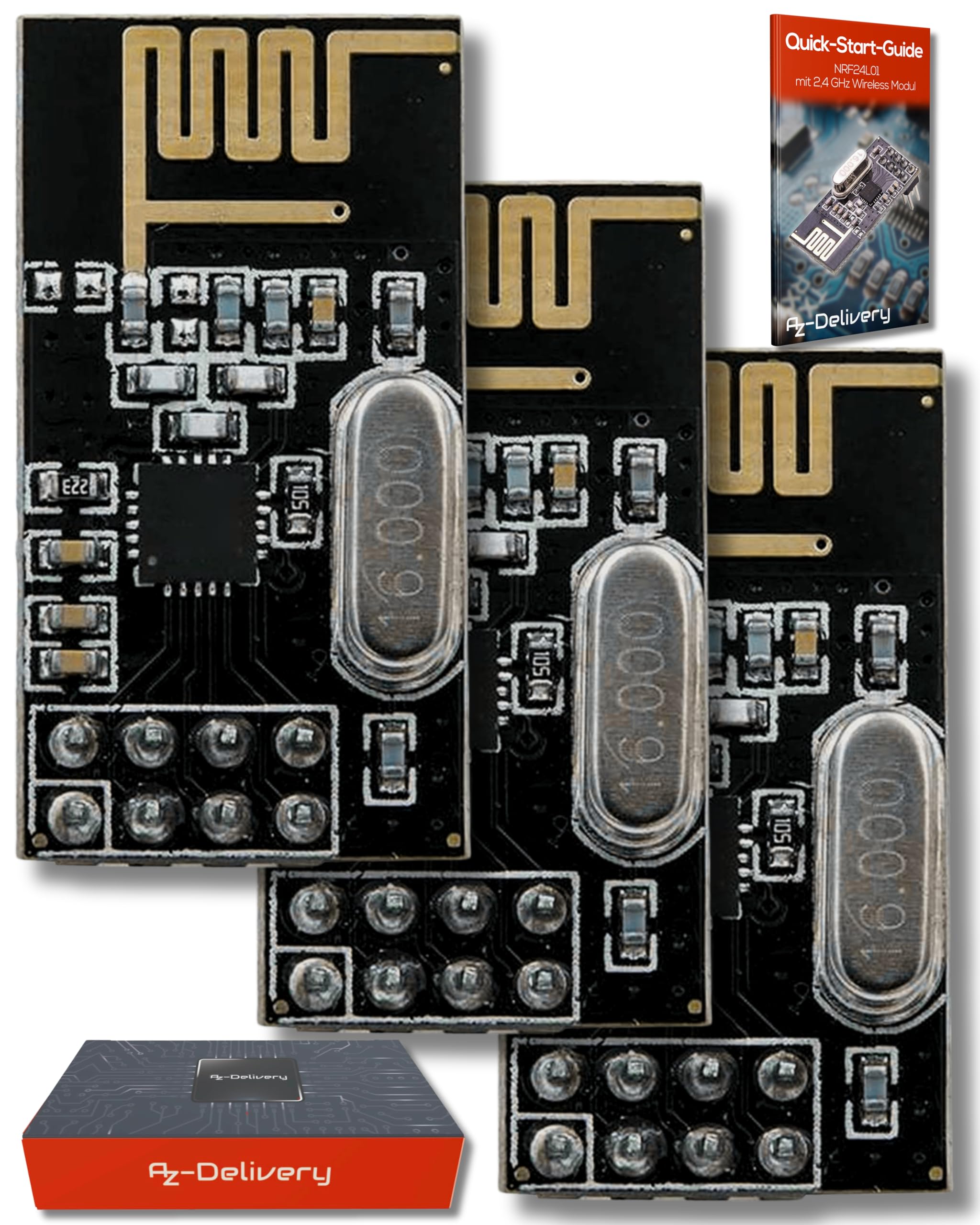 AZDelivery 3 x NRF24L01 + 2.4GHz Wireless RF Transceiver Module compatible with Arduino and ESP8266 Including E-Book!