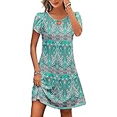 HOTOUCH Women's Casual A-Line Dress with Pockets Summer Beach Floral Tshirt Dress Short Sleeve Mini Dress Flowy Sundresses
