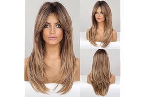 HAIRCUBE Long Layered Synthetic Hair Wigs for Women with Bang (Ombre Mixed Brown)