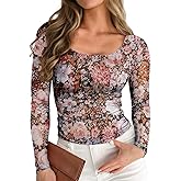 Pink Queen Mesh Top for Women Long Sleeve See Through Shirt Scoop Neck Sheer Blouse