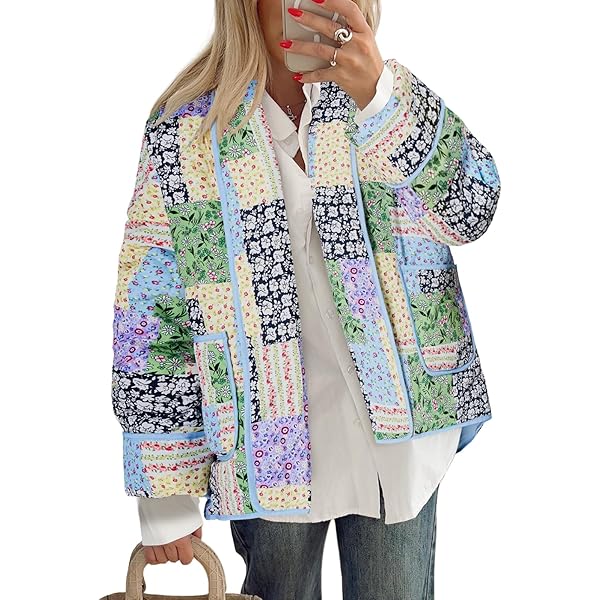HzDazrl Women Floral Quilted Jacket Cardigan Long Sleeve