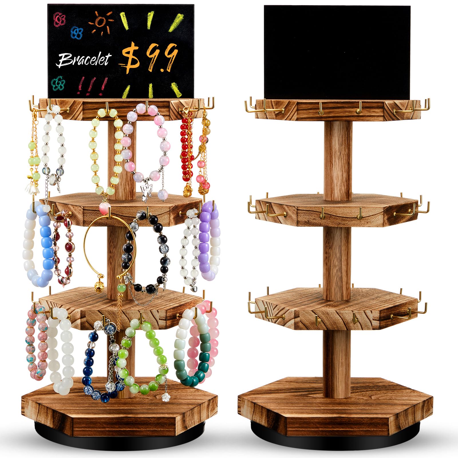 Photo 1 of Yalikop 2 Pcs Bracelet Holder Wood Rotating Bracelet Display Stand 3 Tier Jewelry Tower with Advertising Board for Vendors(Brown Color,Hexagon)