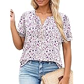 VISLILY Womens-Plus-Size-Summer-Tops Dressy Ruffle V Neck T Shirts Trendy Puff Short Sleeve Tunics Casual Buttons Up Blouses