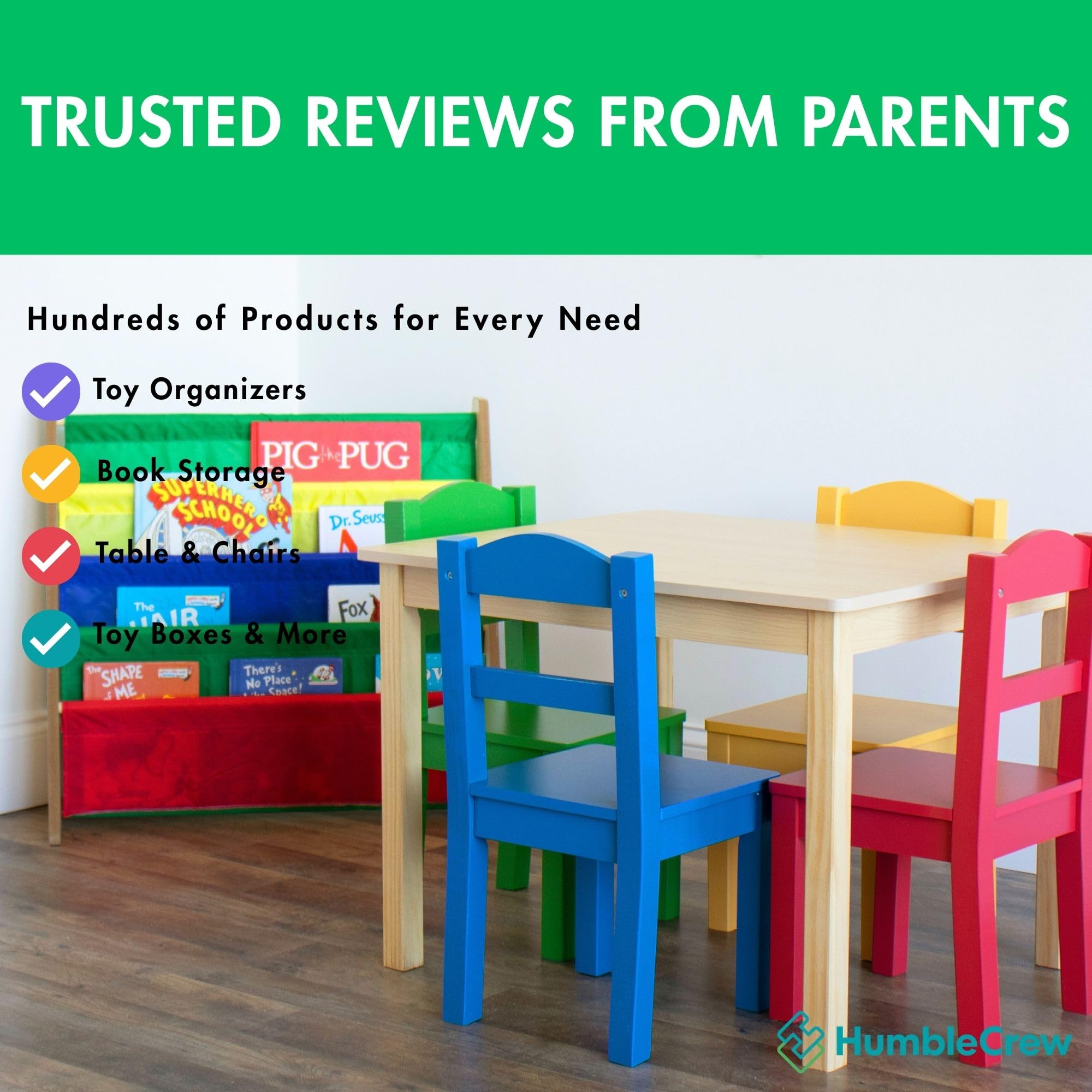 Humble Crew 4-Tier Kids Bookshelf, Natural Wood/Primary - Premium Book Shelf for Kids Rooms with Four Deep Pockets - Toddler Sling Book Rack with Deep Sleeves, Nursery Bookcase Organizer