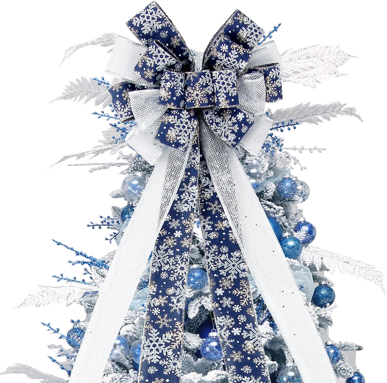 Tree Toppers - Christmas Tree Topper Bow, 44X12 Inch Artificial Xmas Tree Flower Topper Decor, for Family, Wedding, Birthday Party, Indoor Outdoor Thanksgiving Christmas Decoration - Blue/Sliver/Snowflake.