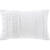 Brielle Home Lennon Textured Cotton Boudoir Decorative Throw Pillow, 12x18, White