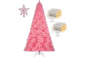 KTKDE 6ft Artificial Pink Christmas Tree, Xmas Tree with 1005 Branch Tips and Decorations(Pink Top Star, 2set 200 Tips Battery Boxes Powered) Metal Stand, Suitable for Home Office Store Bar
