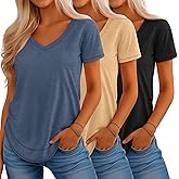 Riyiper 3 Pack Women's V Neck T Shirts Flowy Loose Fit Top Casual Summer Curved Hem Tee