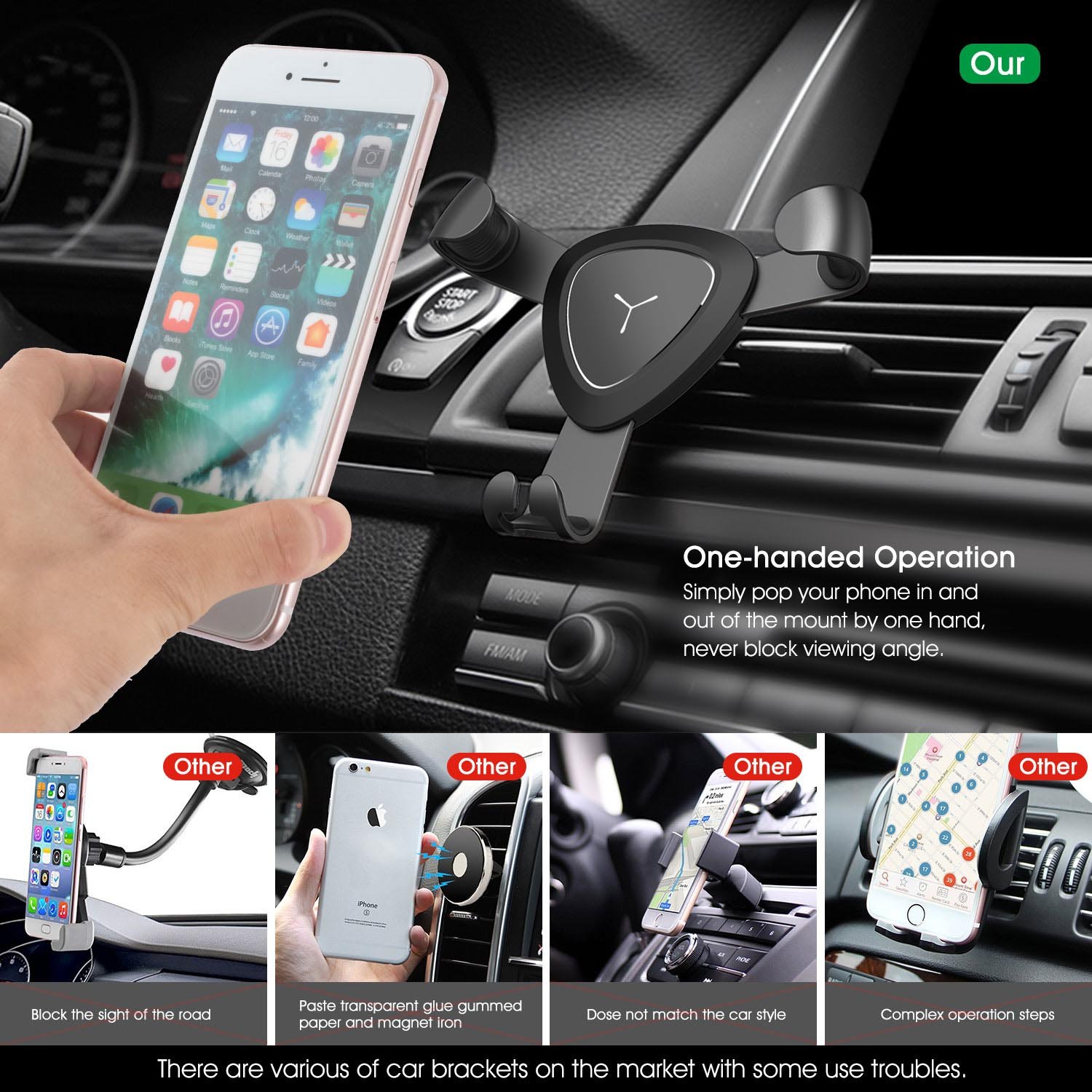 VOOKI Soporte Movil Coche Montaje en Rejillas de Ventilación, Soporte Universal Teléfono Automático Ajustable por Gravedad para iPhone X/8 plus/8/7 plus/7/6plus/6s/s, Samsung Galaxy S6/S5/S4/Note 4/3, Google Nexus, LG G3