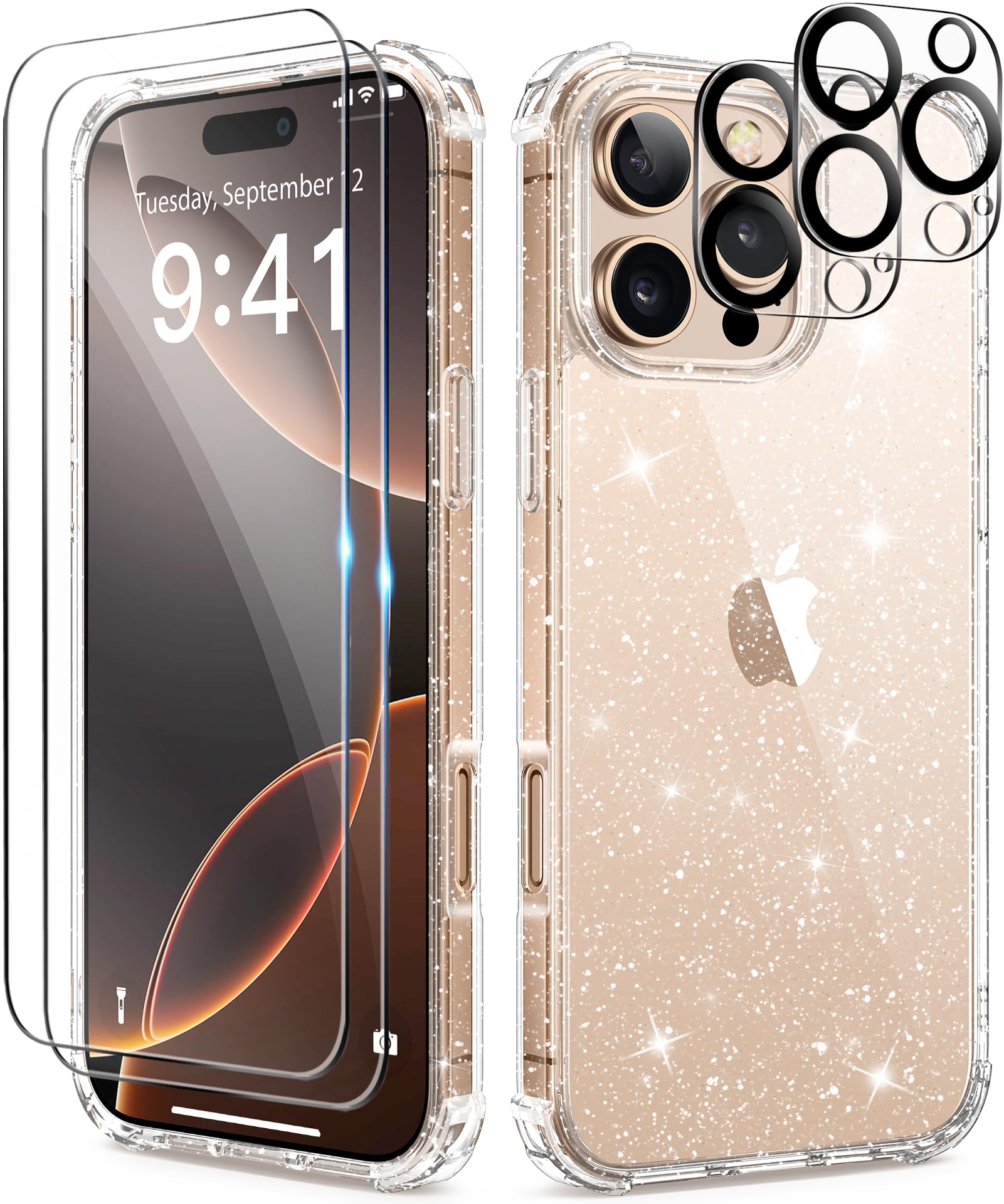 Photo 1 of BERFY Glitter Case for iPhone 16 Pro Max, with 2X Screen Protector + 2X Camera Lens Protector, [Non-Yellowing] Clear Bling Sparkle Cute Silm Shockproof Hard Phone Case for Women 6.9", Shiny Clear