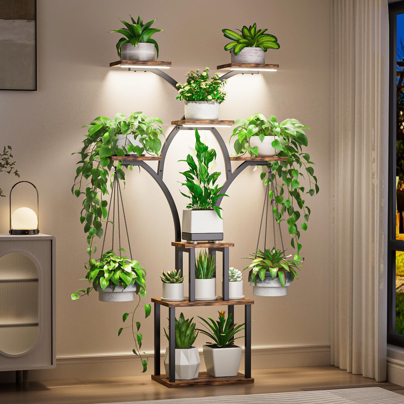 Photo 1 of ***(USED/ UNKNOWN IF MISSING PARTS)***Elbourn Plant Stand Indoor with Grow Lights - 60" Tall Metal Plant Shelf for Multiple Plants, 8 Tiered Corner Plant Stands for Indoor Plants, X - Shaped Decorative Rack for Home, Living Room & Patio Decor (Brown)