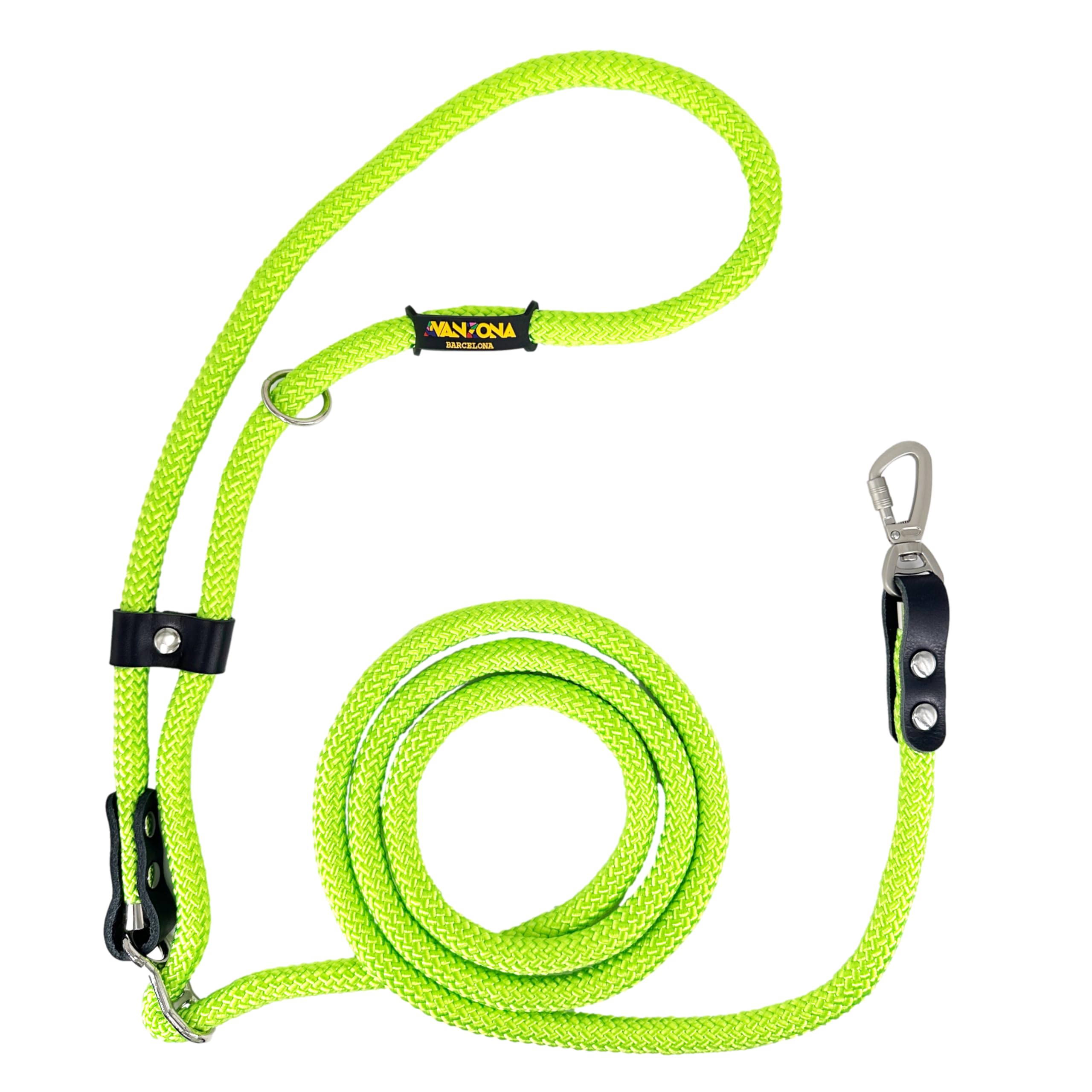 Dog Leash, Hands-Free, Adjustable, Handmade in Spain, for Small, Medium and Large Dogs. Green Fluor & Black.
