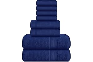 Belizzi Home 8 Piece Towel Set 100% Ring Spun Cotton, 2 Bath Towels 27x54, 2 Hand Towels 16x28 and 4 Washcloths 13x13 - Ultra Soft Highly Absorbent Machine Washable Hotel Spa Quality - Navy Blue